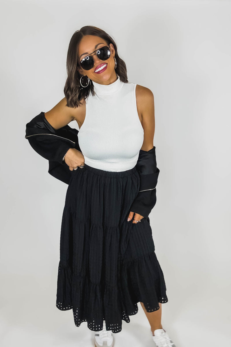 Black Smocked Waist Tiered Skirt