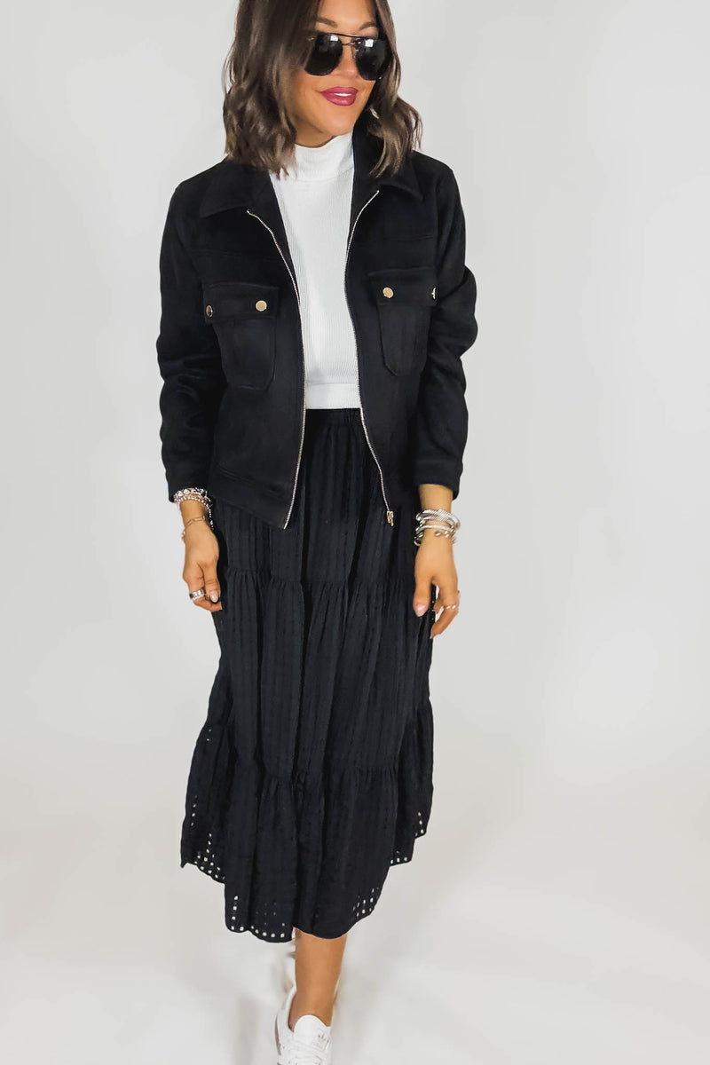 Black Smocked Waist Tiered Skirt