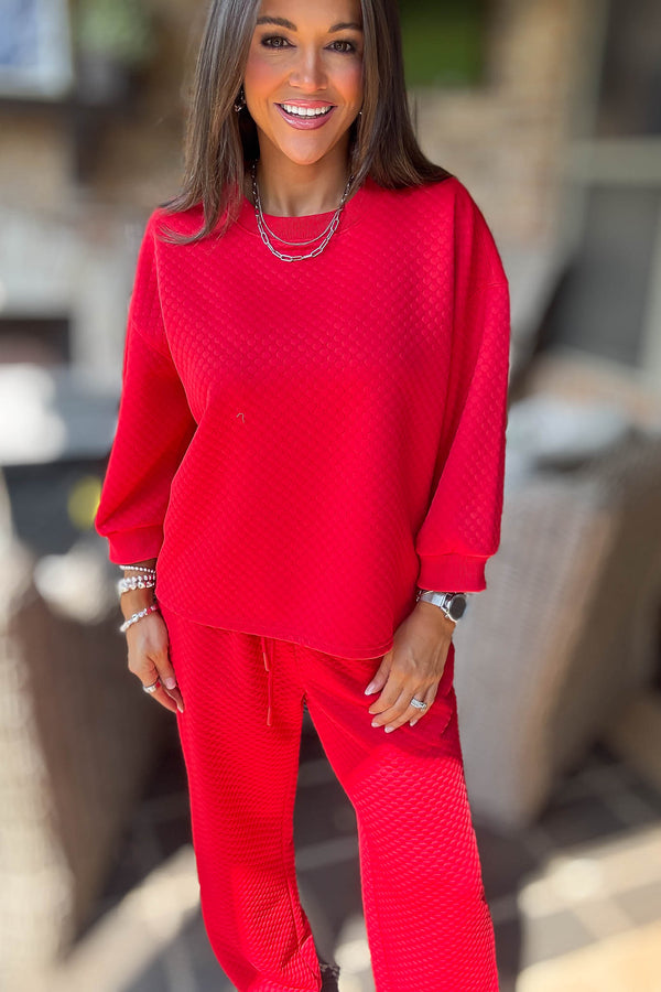 Red Embossing Textured Loungewear Top