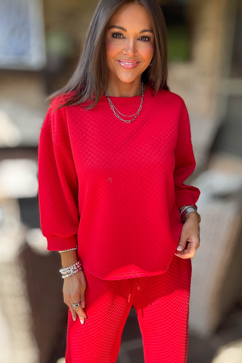 Red Embossing Textured Loungewear Top
