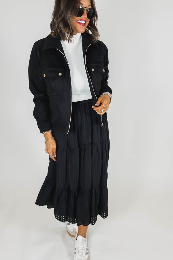 Black Smocked Waist Tiered Skirt