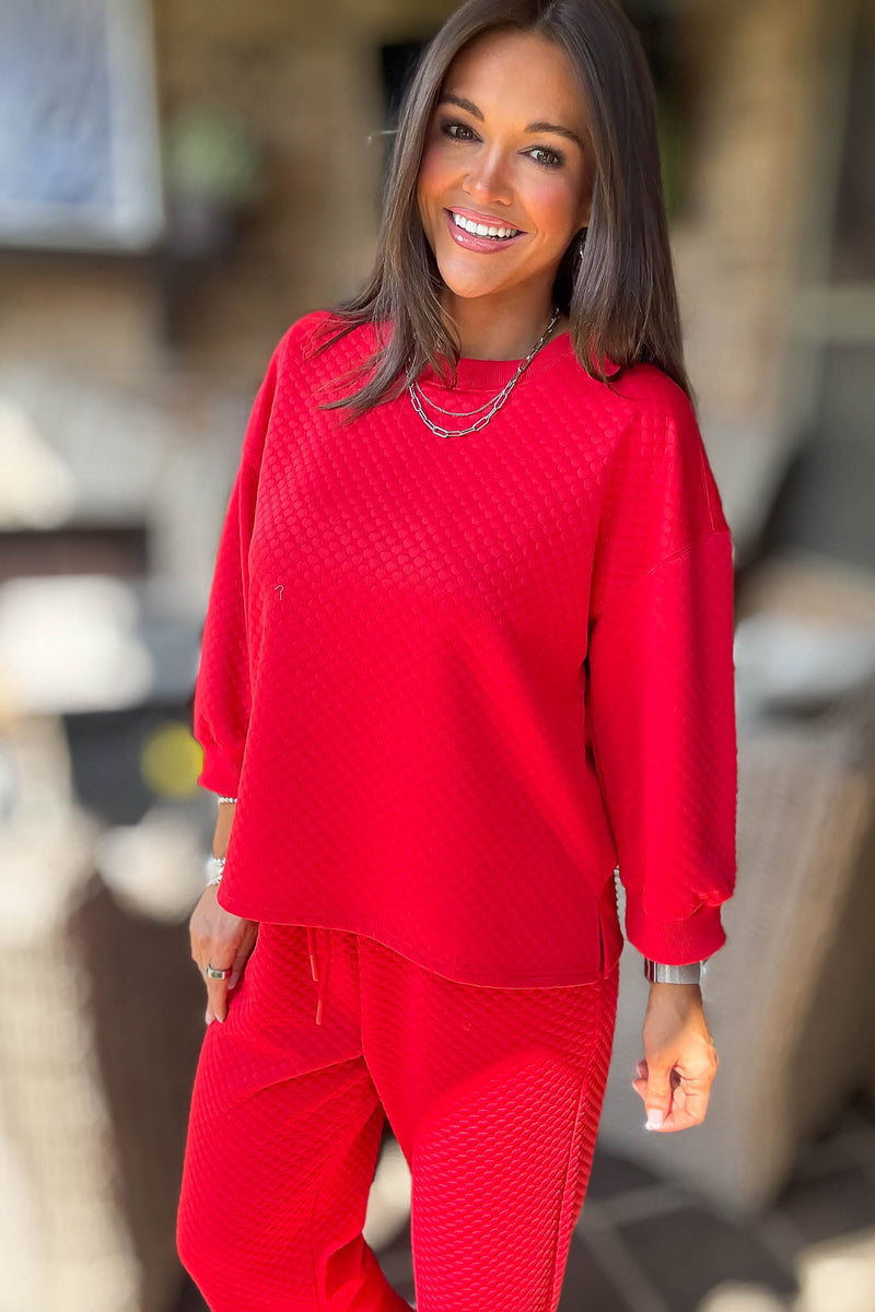 Red Embossing Textured Loungewear Top