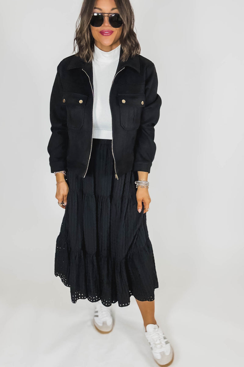 Black Smocked Waist Tiered Skirt