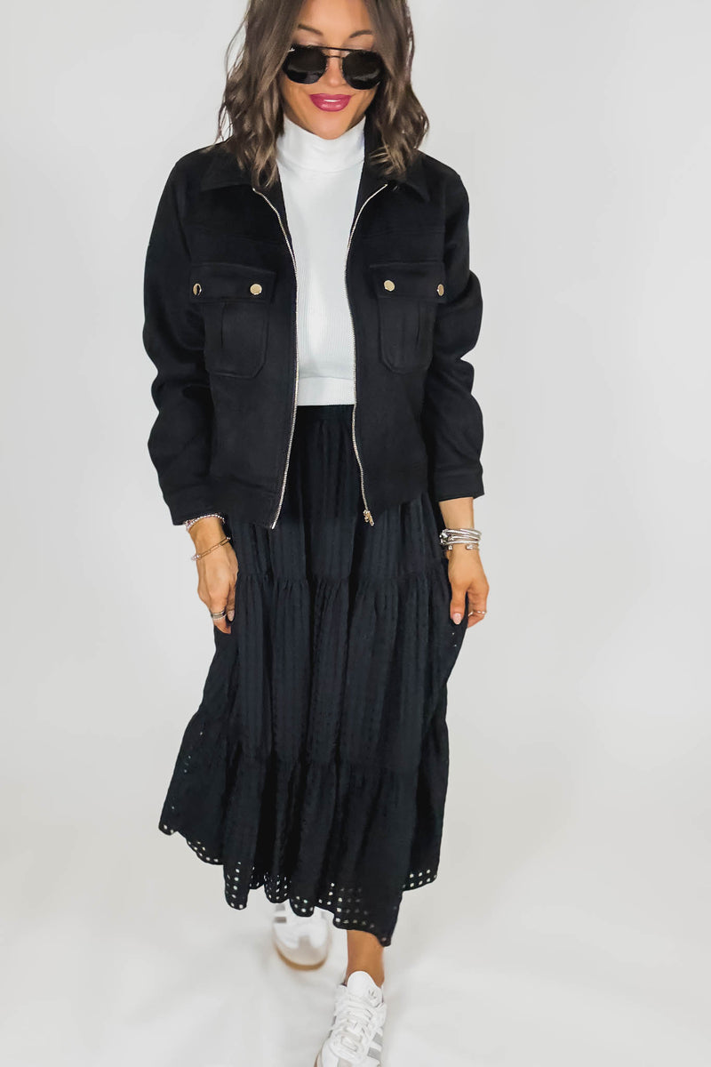 Black Smocked Waist Tiered Skirt