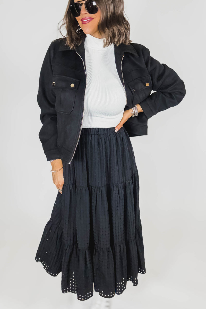 Black Smocked Waist Tiered Skirt