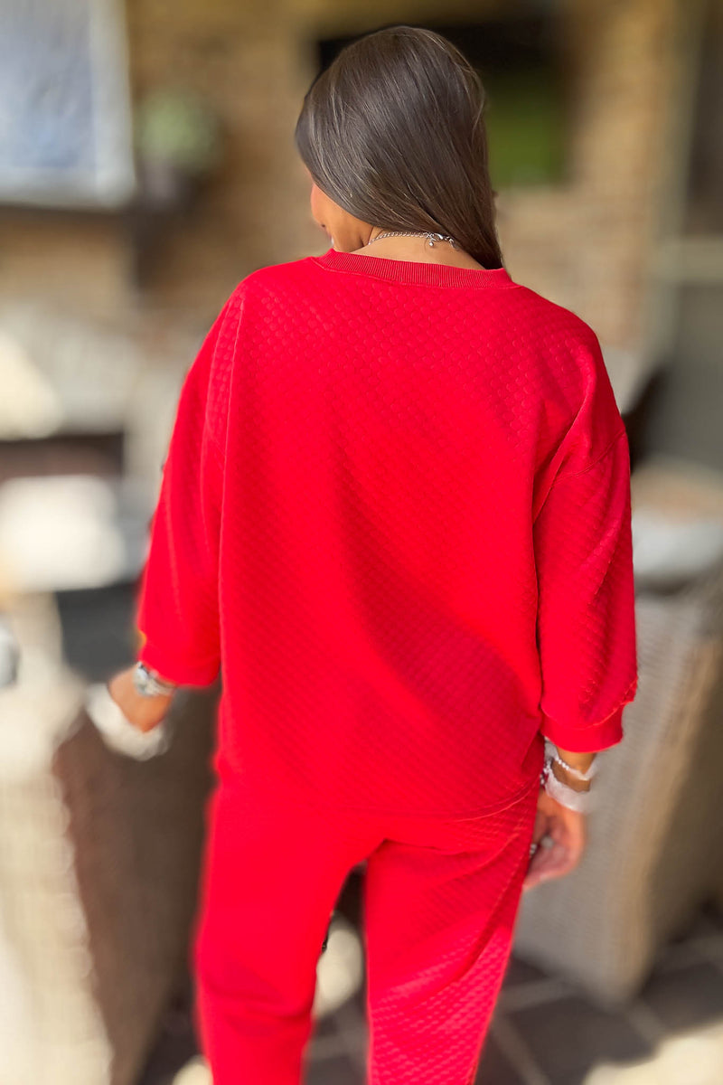Red Embossing Textured Loungewear Top
