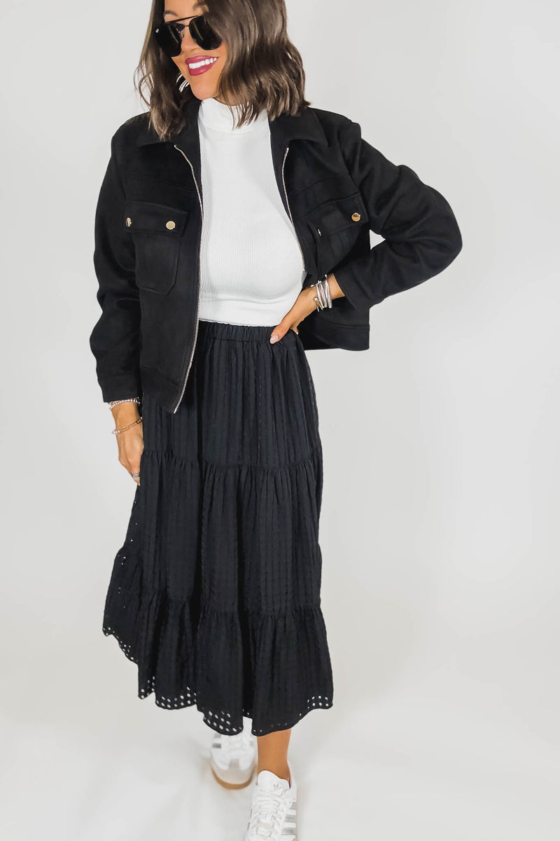 Black Smocked Waist Tiered Skirt