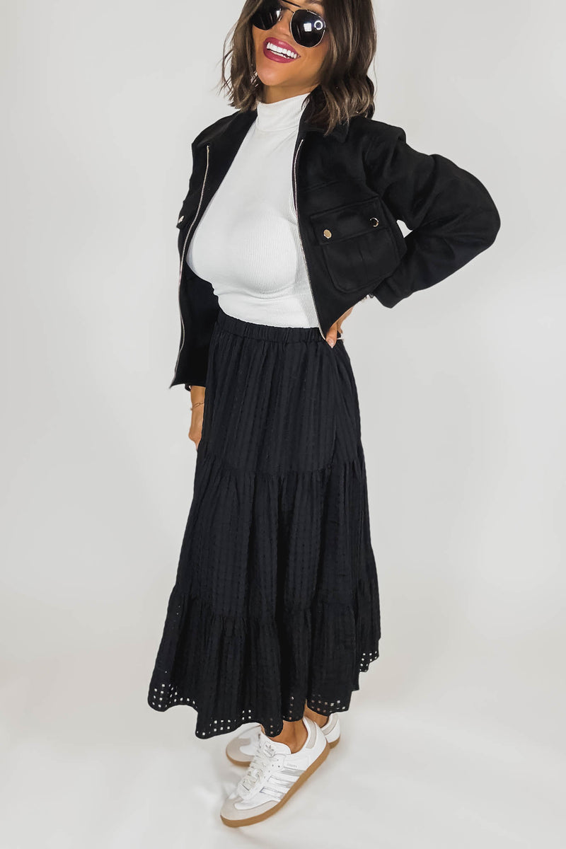Black Smocked Waist Tiered Skirt