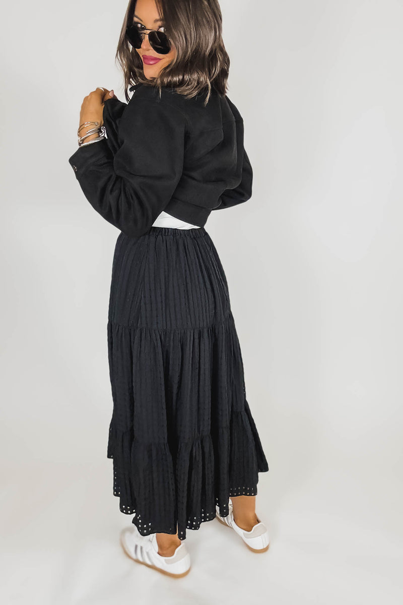 Black Smocked Waist Tiered Skirt