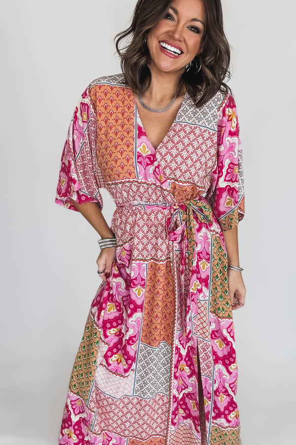 Pink/Peach/Fuchsia Kimono Sleeve Maxi Dress