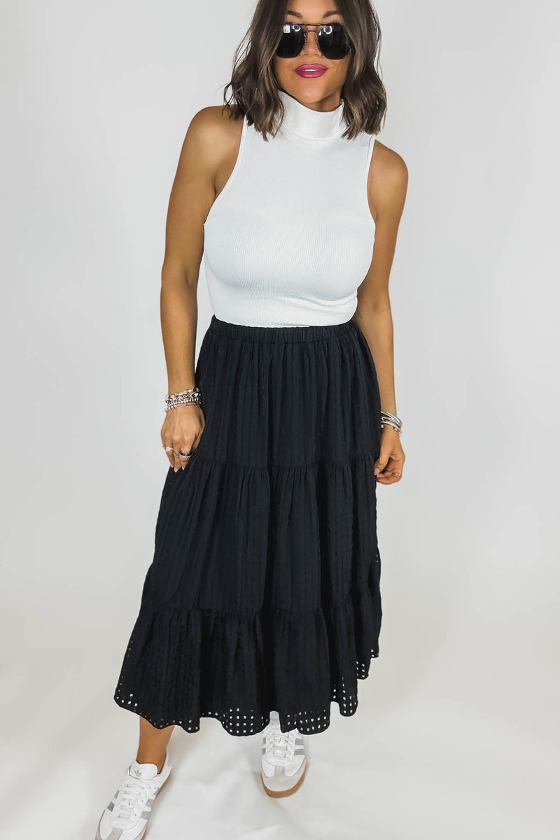 Black Smocked Waist Tiered Skirt