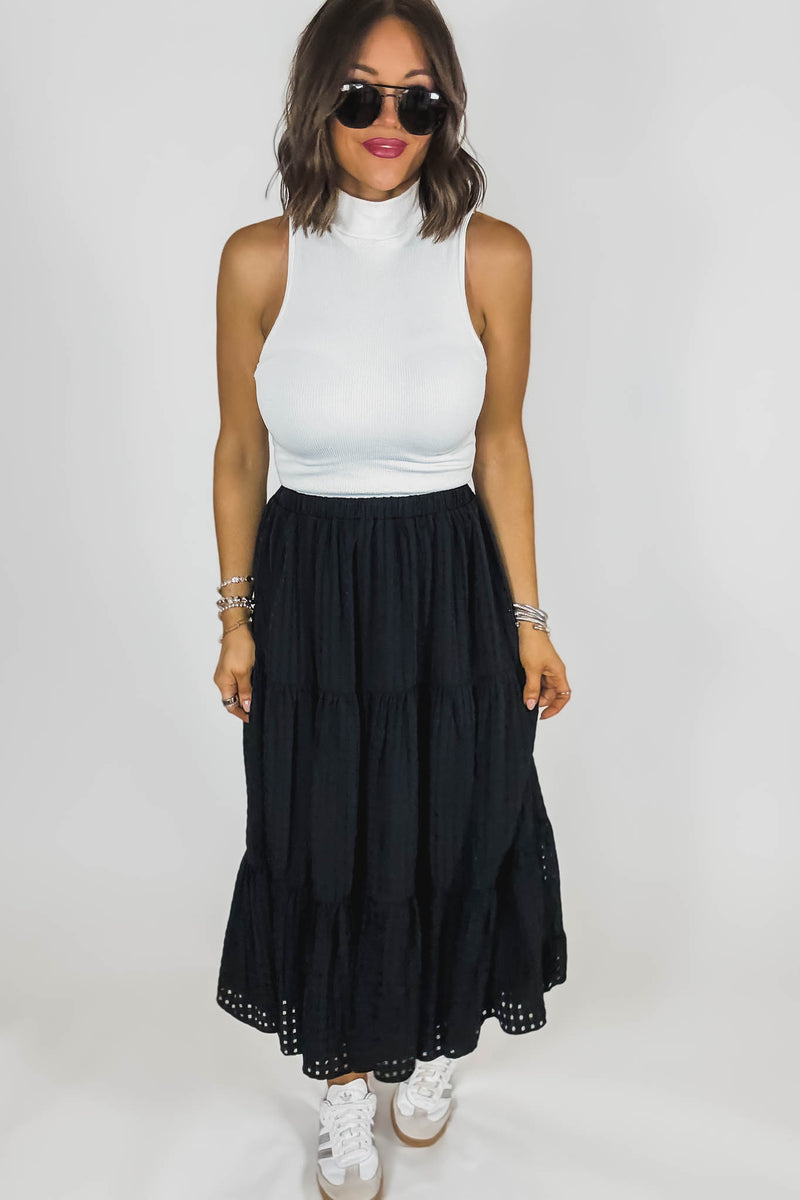 Black Smocked Waist Tiered Skirt