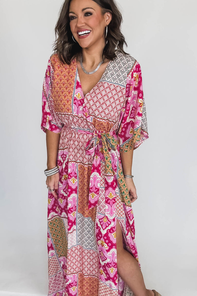 Pink/Peach/Fuchsia Kimono Sleeve Maxi Dress