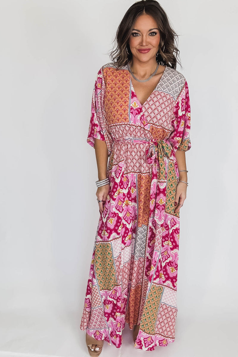 Pink/Peach/Fuchsia Kimono Sleeve Maxi Dress
