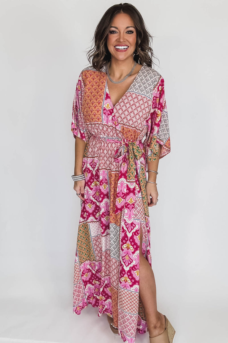 Pink/Peach/Fuchsia Kimono Sleeve Maxi Dress