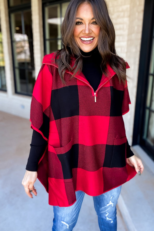 Red & Black Checker Print Zip Up Poncho