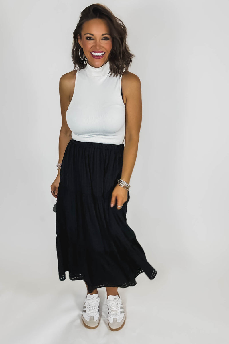 Black Smocked Waist Tiered Skirt