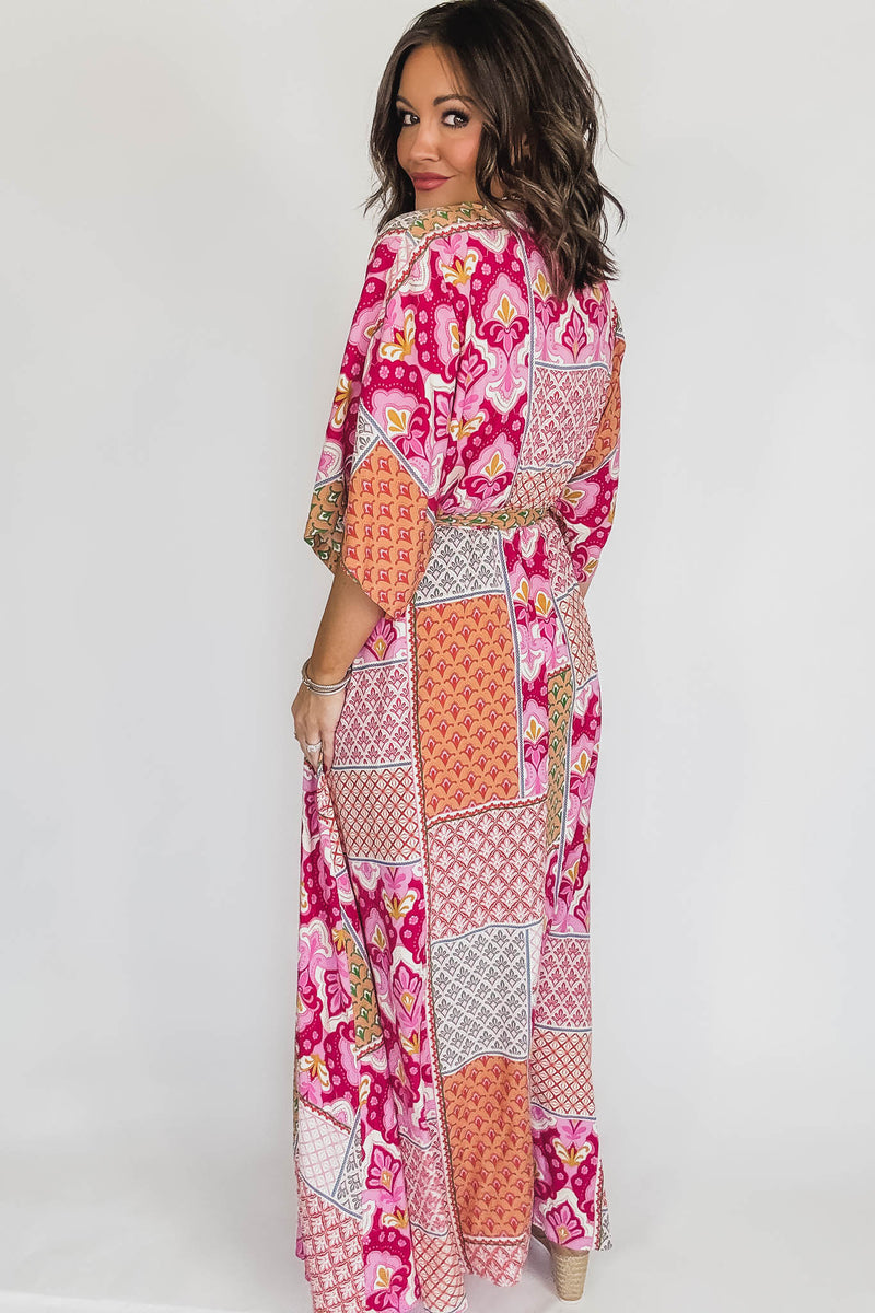 Pink/Peach/Fuchsia Kimono Sleeve Maxi Dress