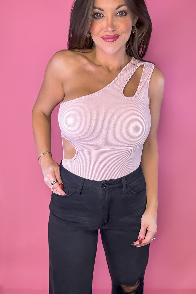 Mable Pink One Shoulder Ribbed Cut Out Detail Body Suit