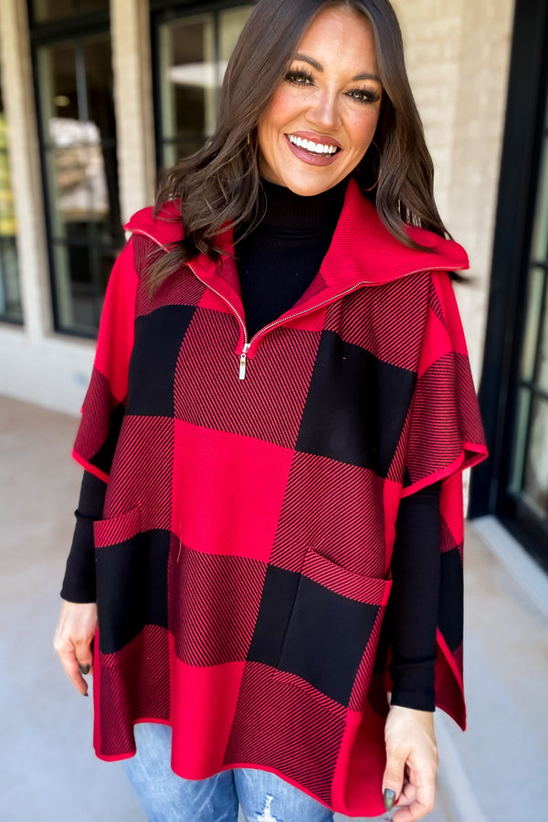 Red & Black Checker Print Zip Up Poncho