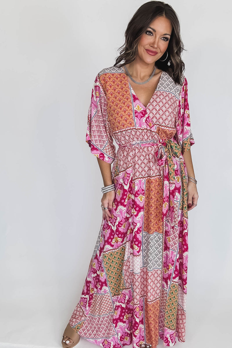 Pink/Peach/Fuchsia Kimono Sleeve Maxi Dress