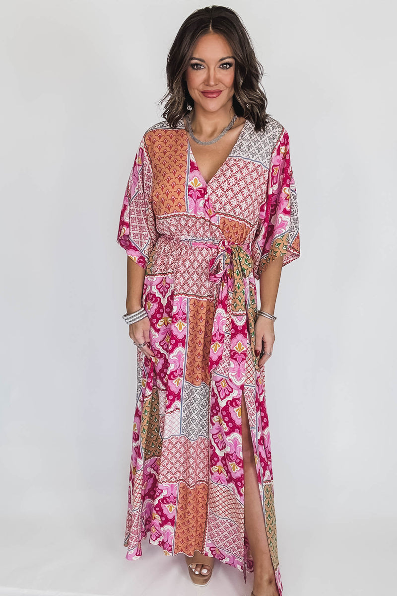 Pink/Peach/Fuchsia Kimono Sleeve Maxi Dress