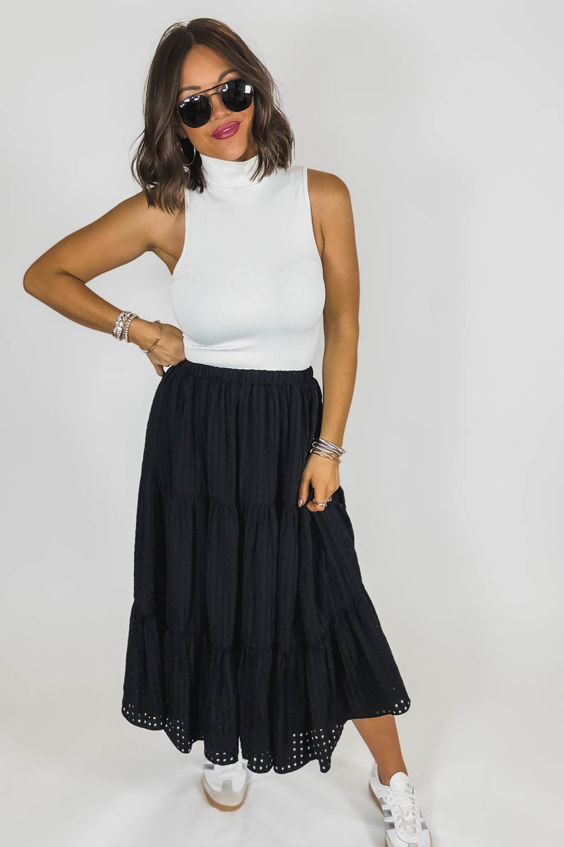 Black Smocked Waist Tiered Skirt