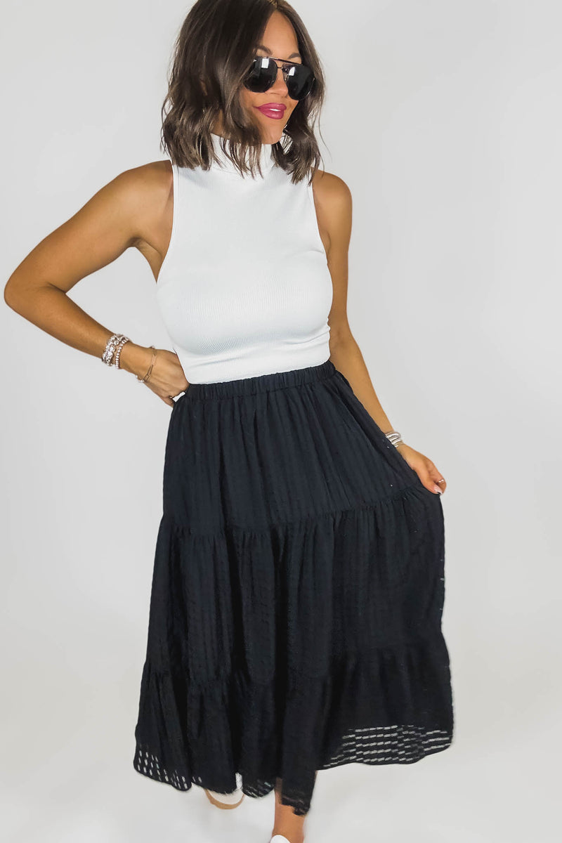 Black Smocked Waist Tiered Skirt