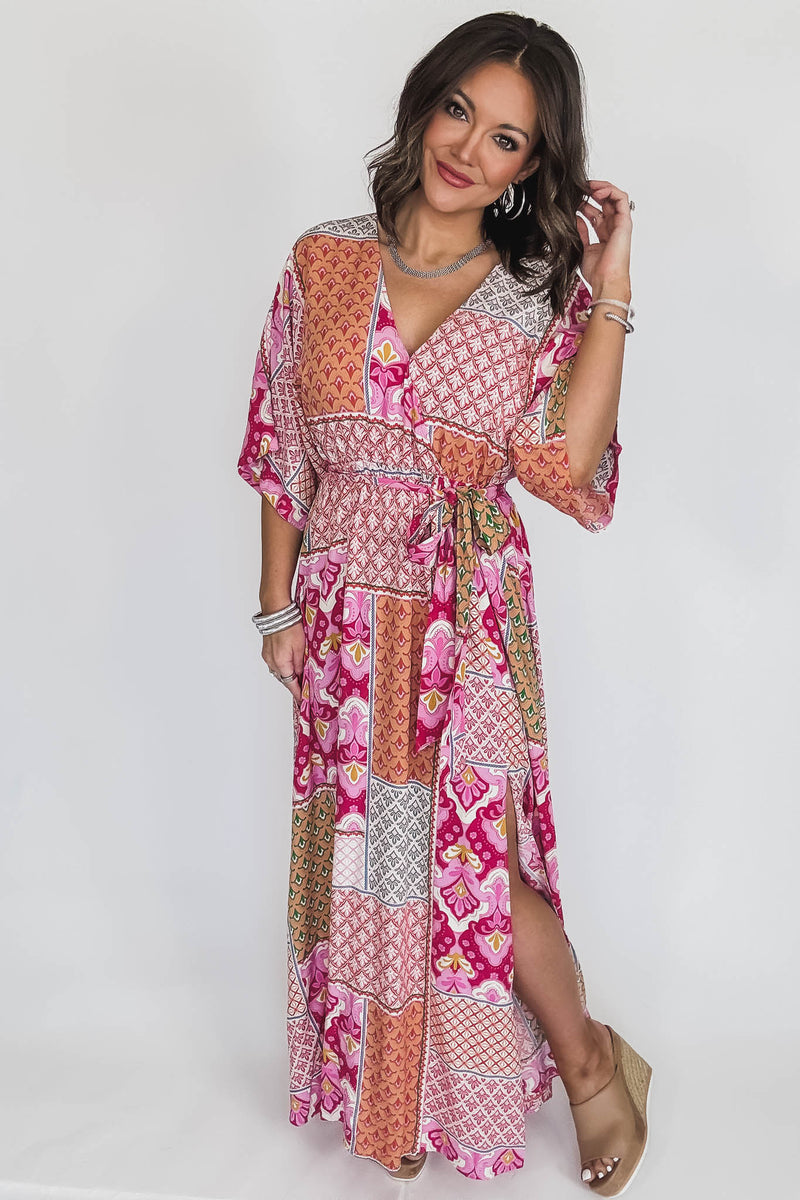 Pink/Peach/Fuchsia Kimono Sleeve Maxi Dress