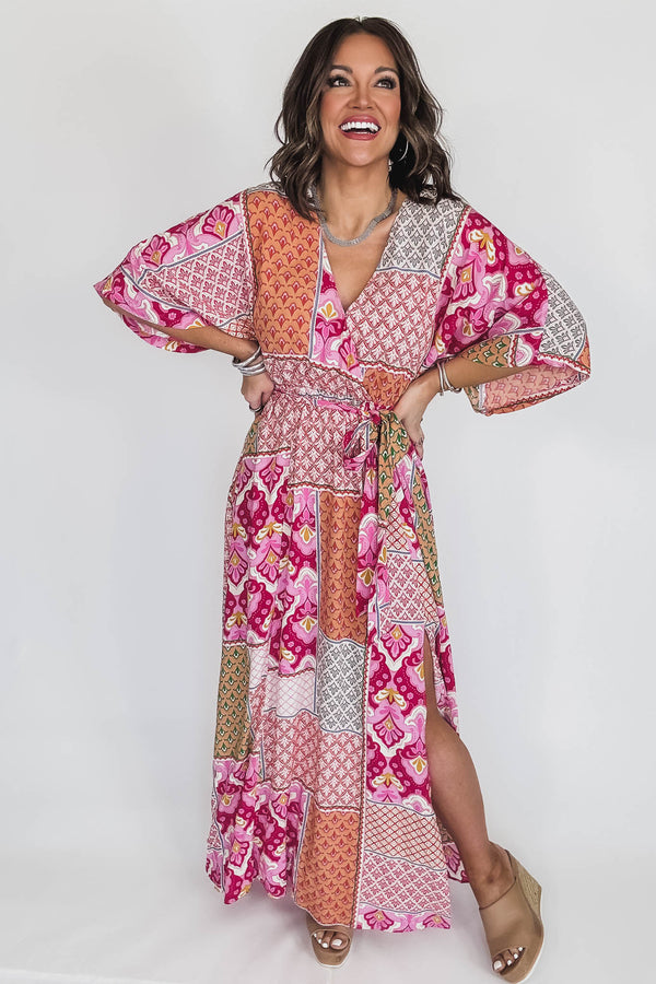 Pink/Peach/Fuchsia Kimono Sleeve Maxi Dress