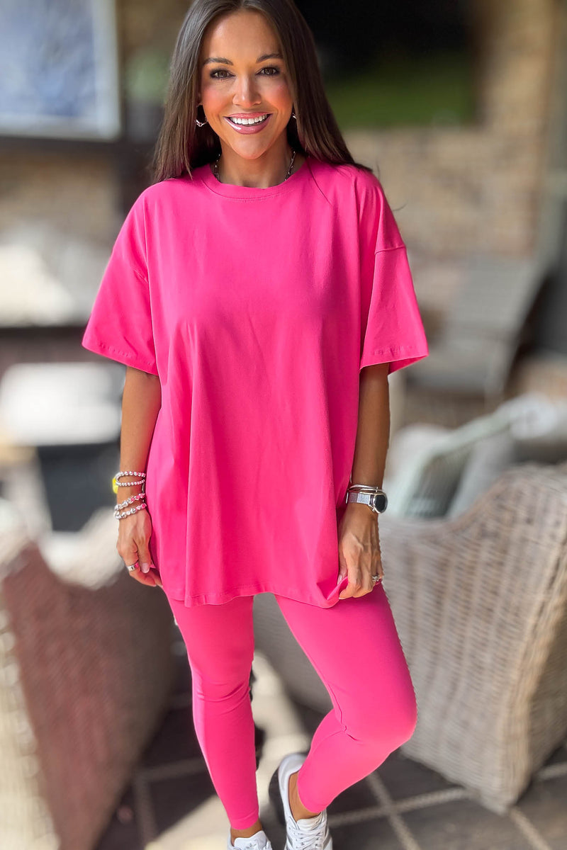 Hot Pink Cotton Round Neck Top & Legging Set