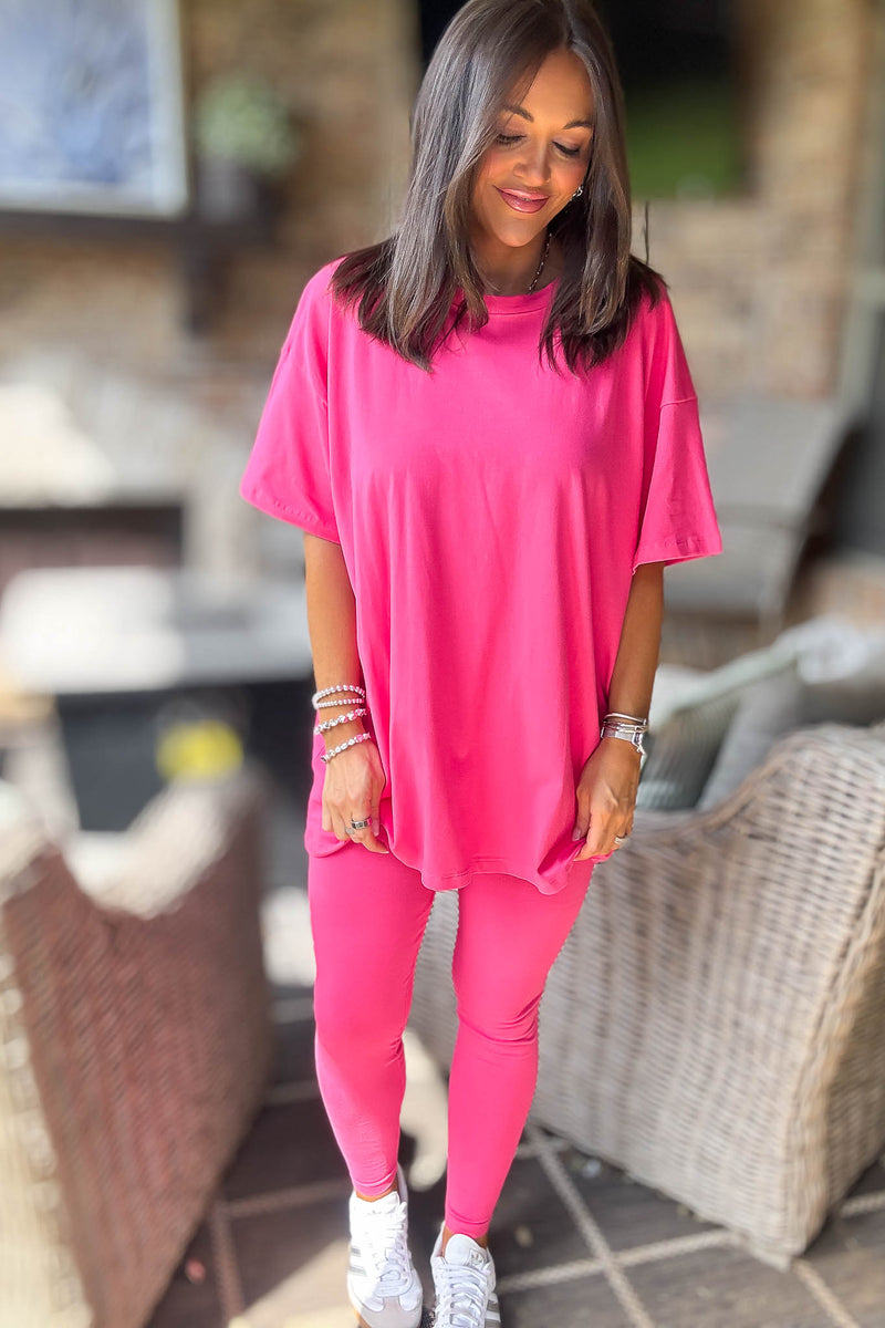 Hot Pink Cotton Round Neck Top & Legging Set