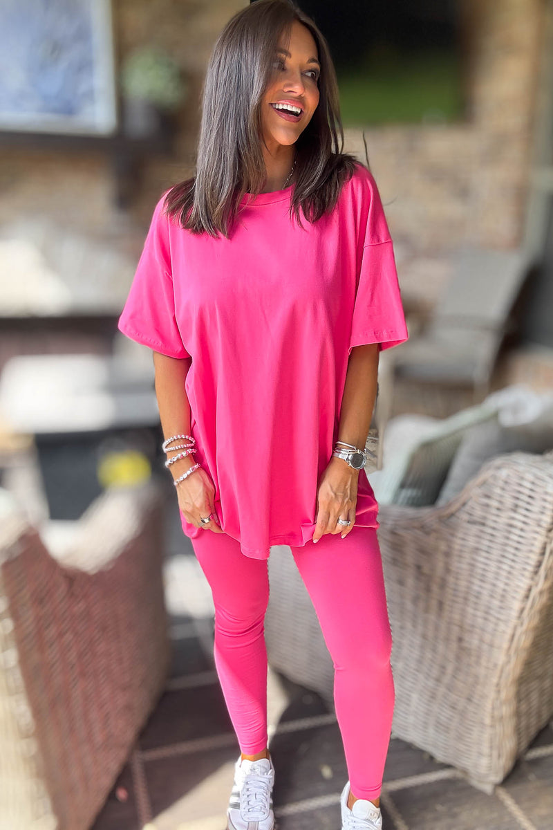 Hot Pink Cotton Round Neck Top & Legging Set