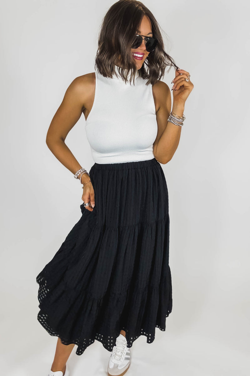 Black Smocked Waist Tiered Skirt