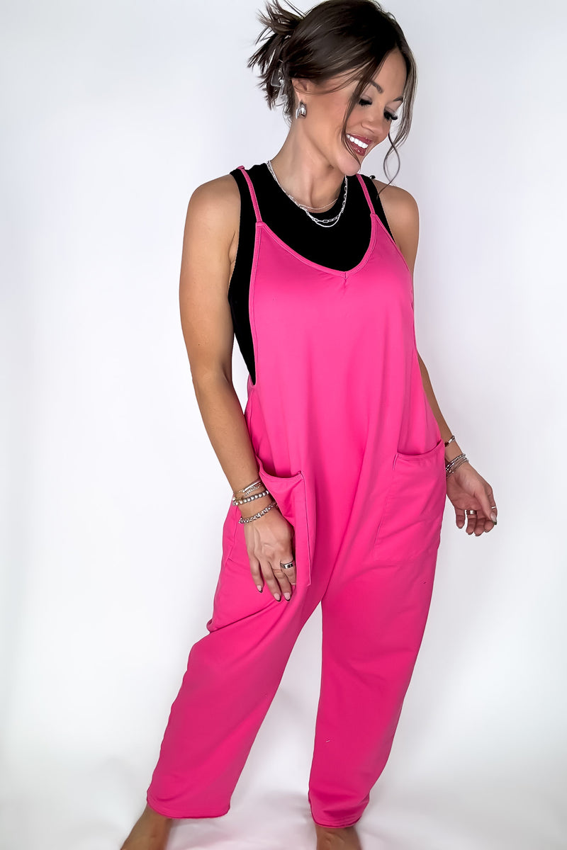Jenny V-neck Hot Pink Baggy Knit Jumpsuit