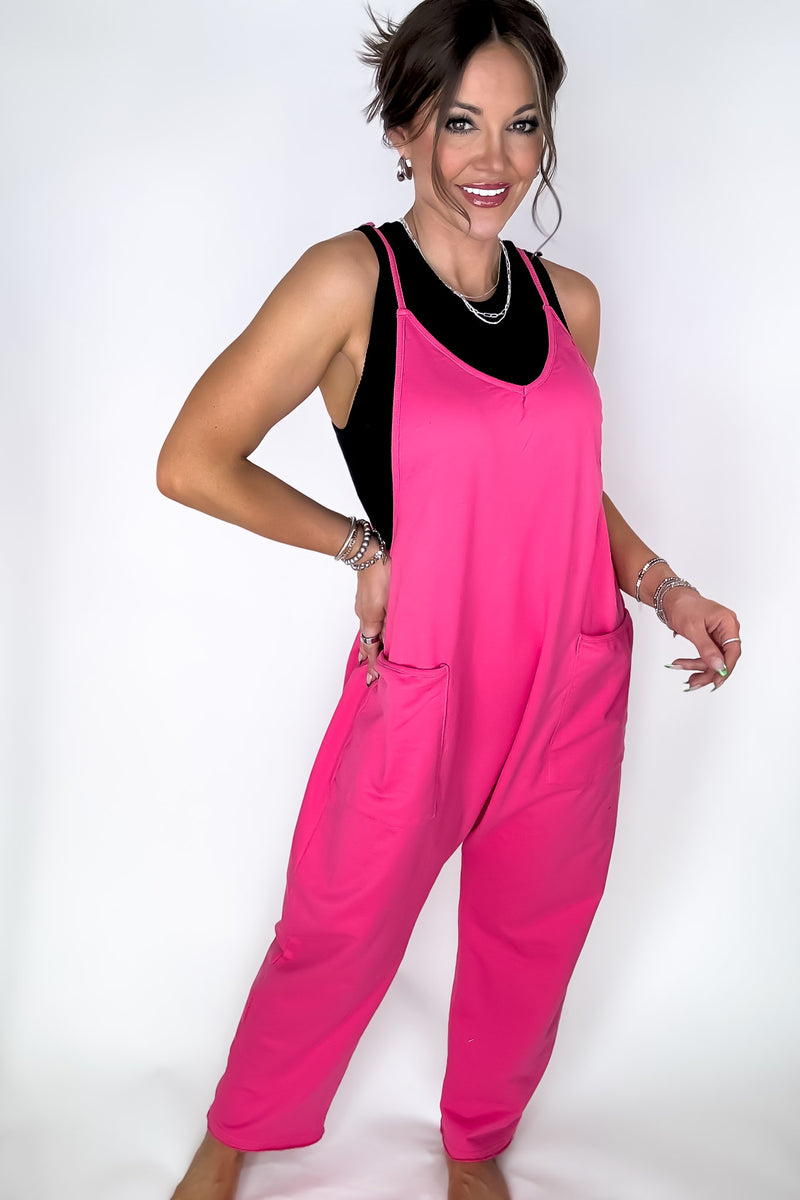 Jenny V-neck Hot Pink Baggy Knit Jumpsuit
