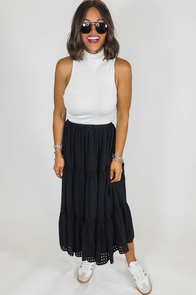 Black Smocked Waist Tiered Skirt