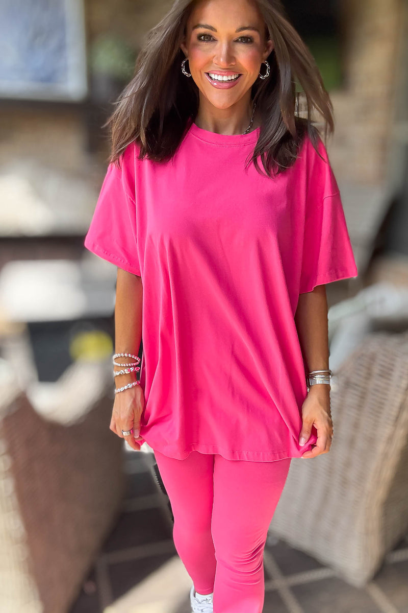 Hot Pink Cotton Round Neck Top & Legging Set