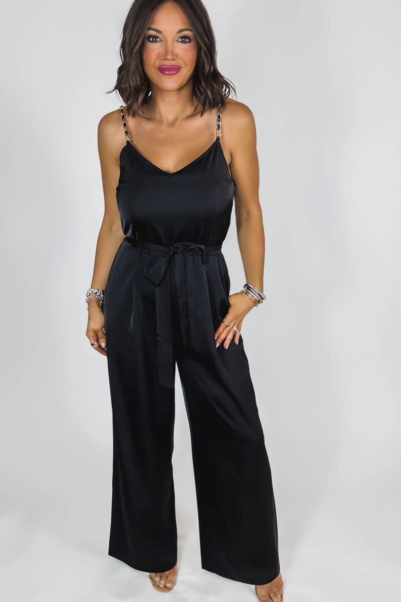 Black Satin Gold Chain Strap Smocked Front Tie Jumpsuit