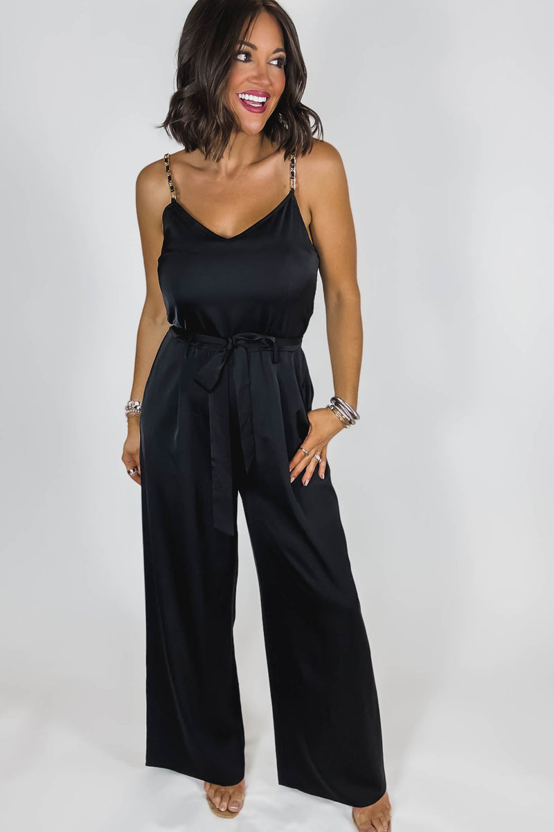 Black Satin Gold Chain Strap Smocked Front Tie Jumpsuit