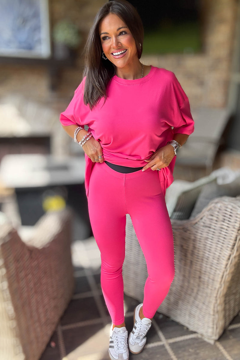 Hot Pink Cotton Round Neck Top & Legging Set
