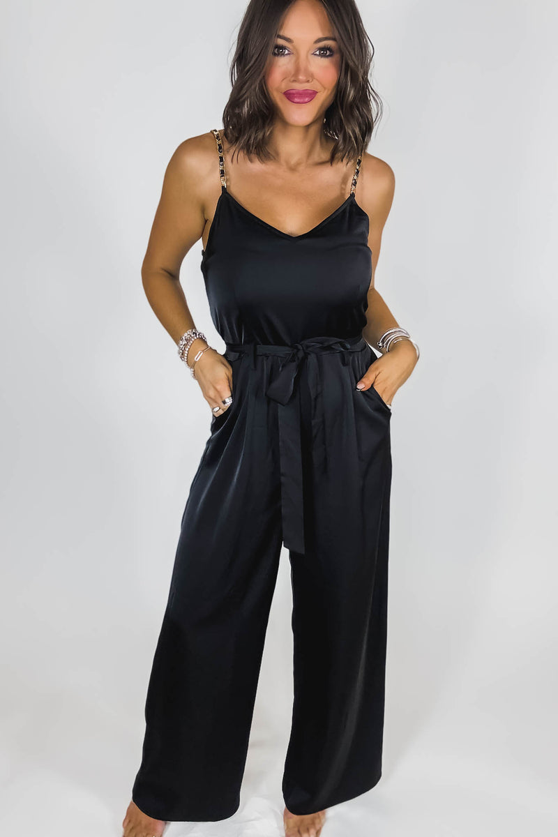 Black Satin Gold Chain Strap Smocked Front Tie Jumpsuit