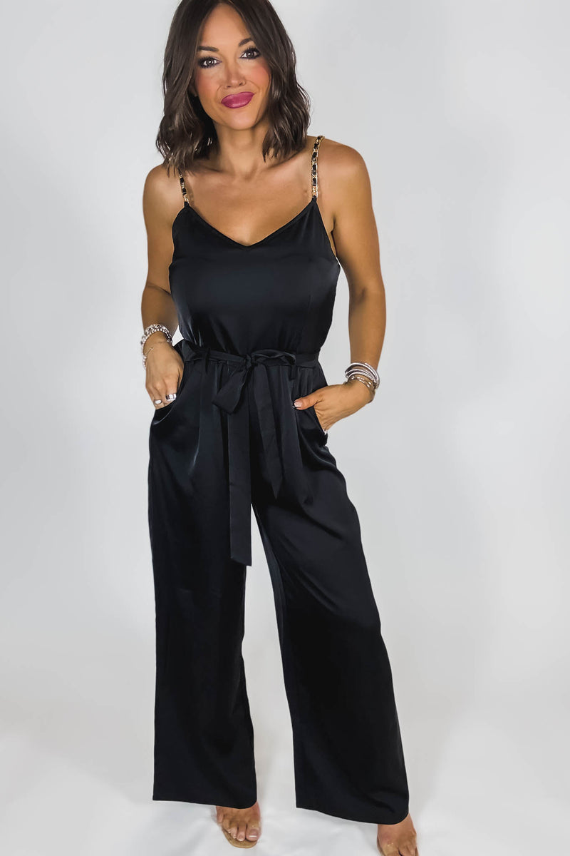 Black Satin Gold Chain Strap Smocked Front Tie Jumpsuit