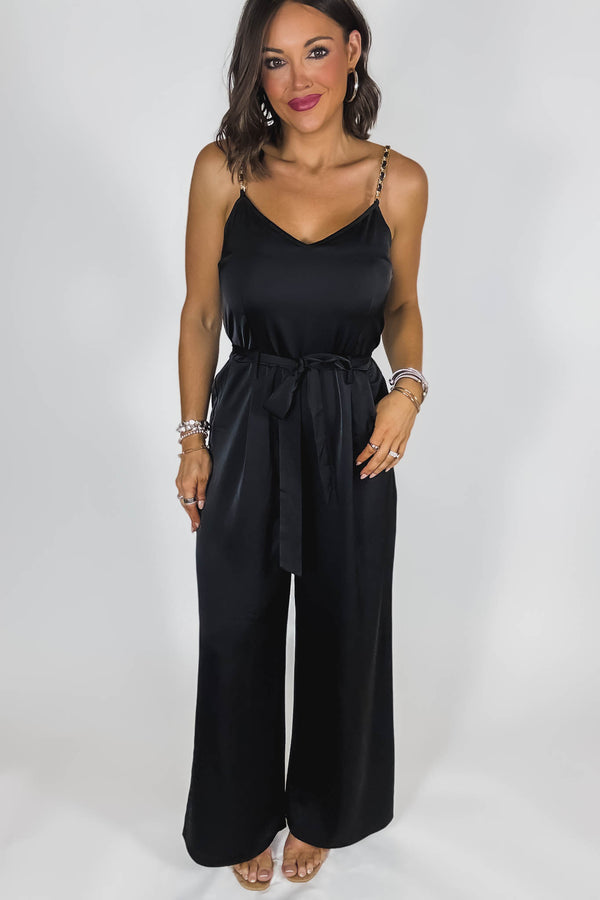 Black Satin Gold Chain Strap Smocked Front Tie Jumpsuit