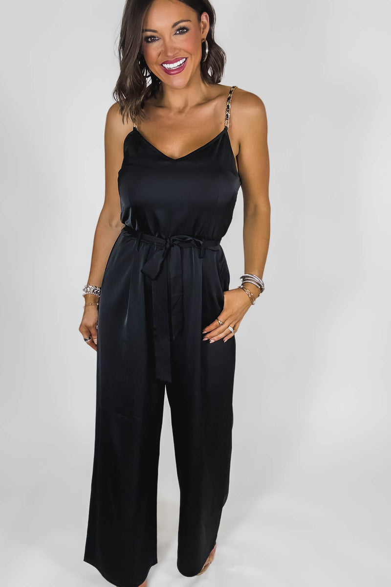 Black Satin Gold Chain Strap Smocked Front Tie Jumpsuit