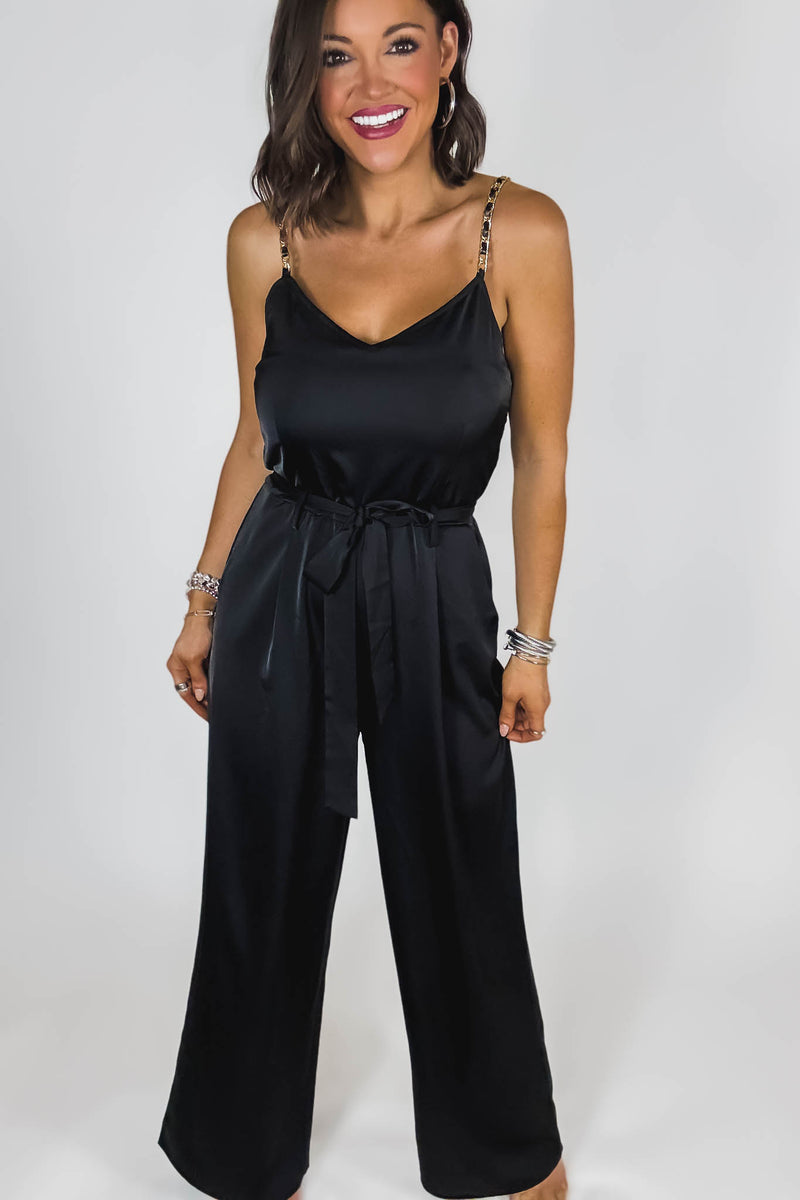 Black Satin Gold Chain Strap Smocked Front Tie Jumpsuit