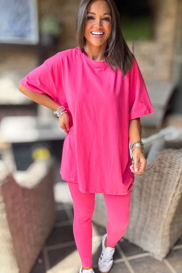 Hot Pink Cotton Round Neck Top & Legging Set