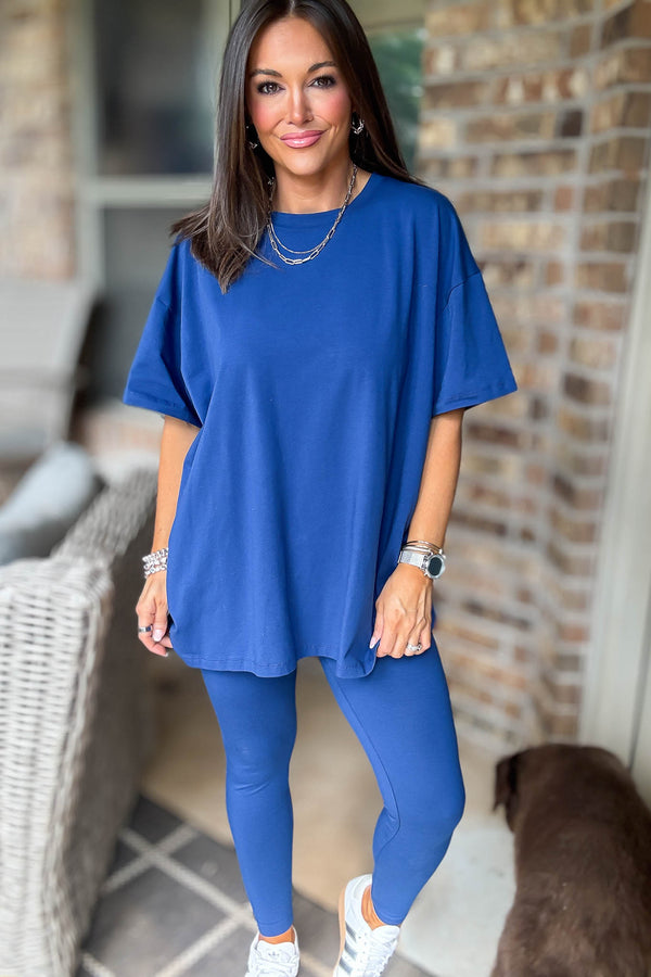 Light Navy Cotton Round Neck Top & Legging Set