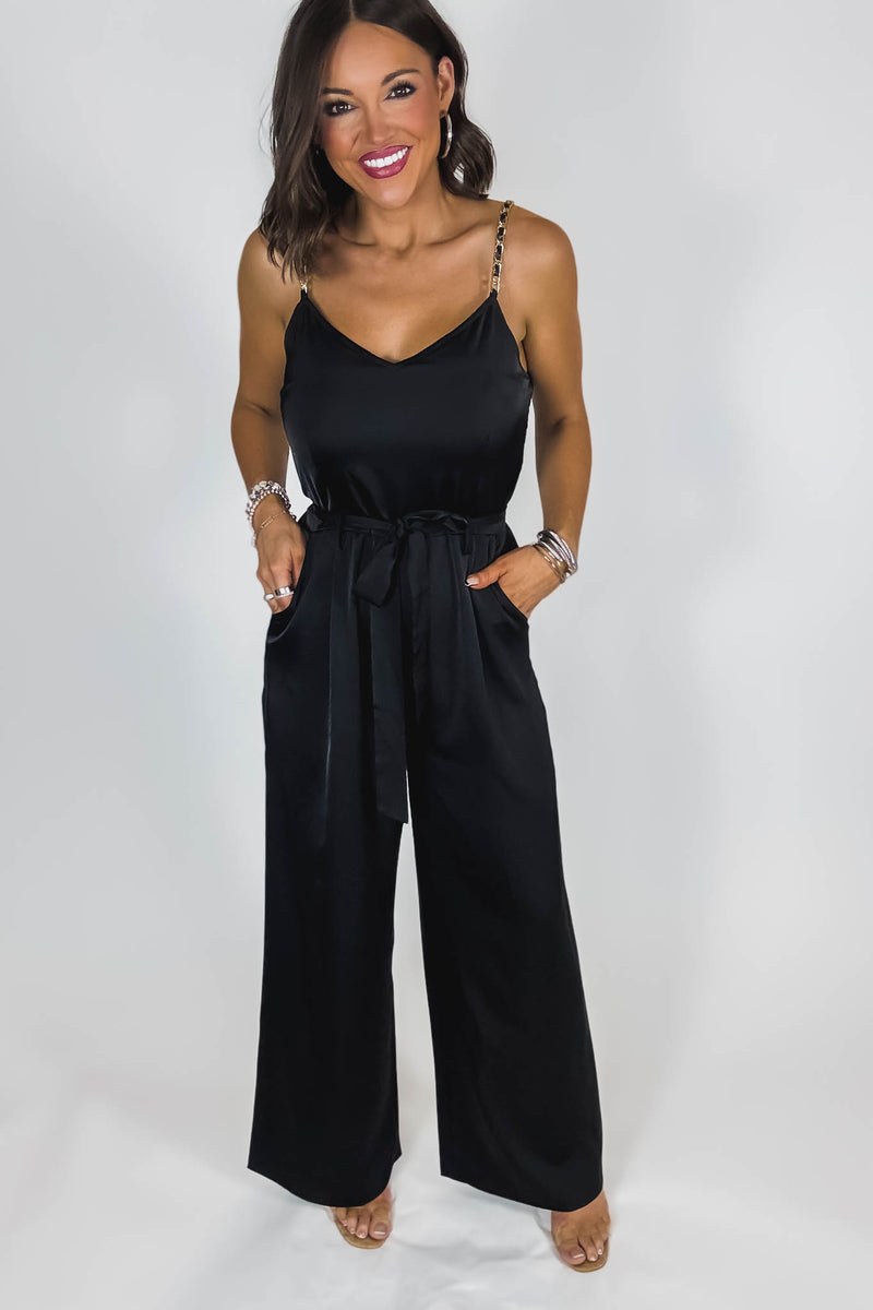 Black Satin Gold Chain Strap Smocked Front Tie Jumpsuit