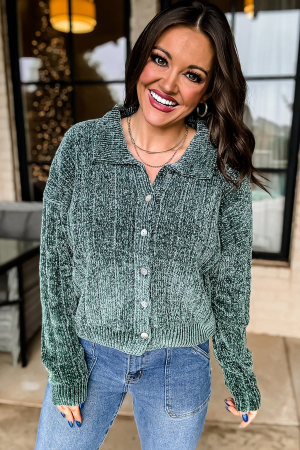Dreams And Aspirations Green Chenille Button Up Sweater